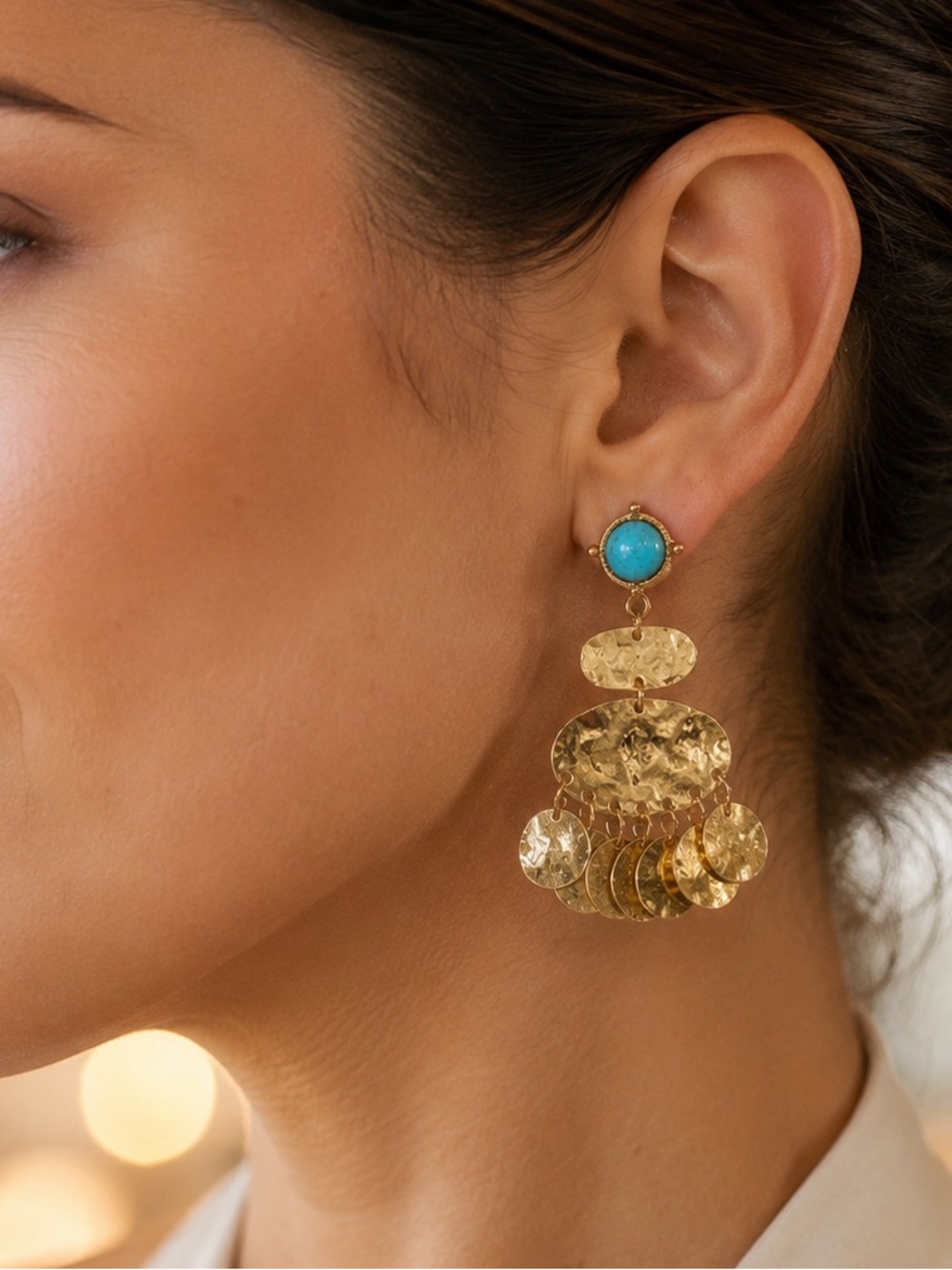 nOir Jewelry Turquoise and Gold Hammered Dangle Earrings